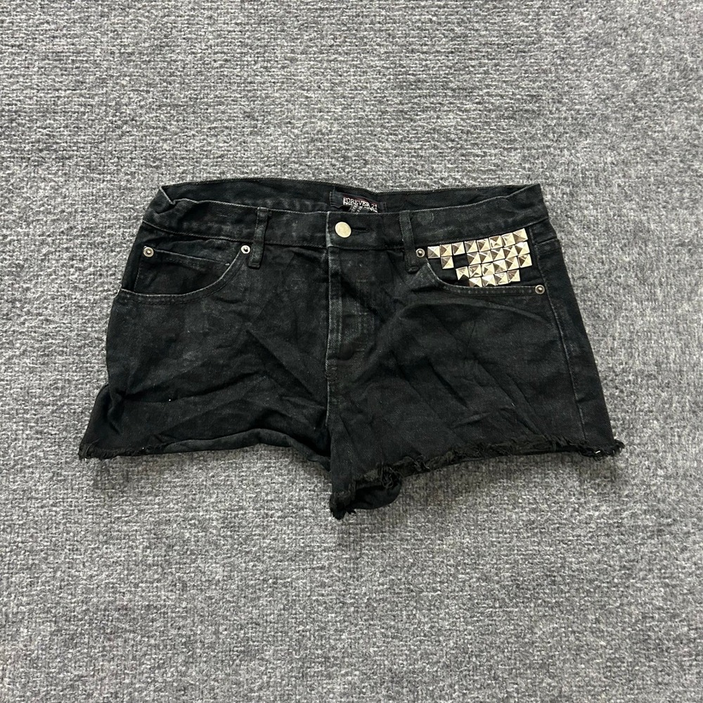 Forever 21 Shorts Womens Size 28 Black Studded Raw Hem Punk Denim Cut Offs